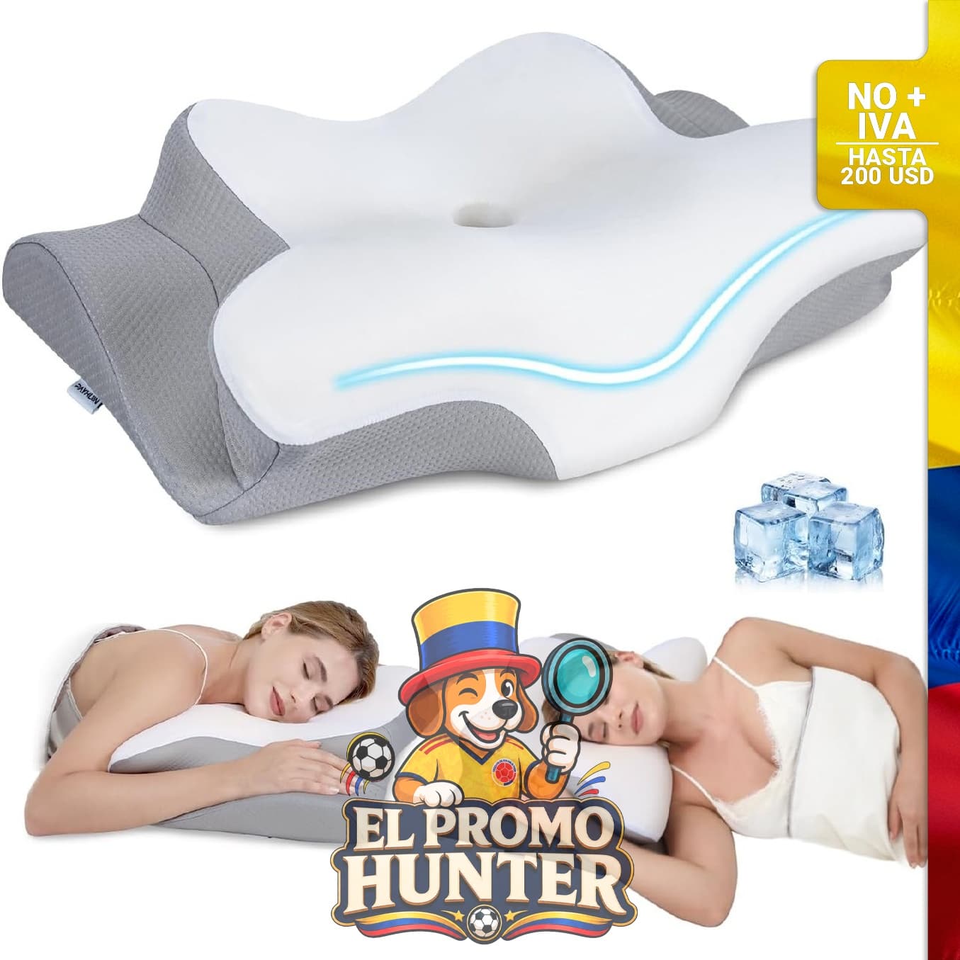 Almohada cervical de espuma viscoelástica con dos alturas y funda de seda helada, diseñada para soporte del cuello.