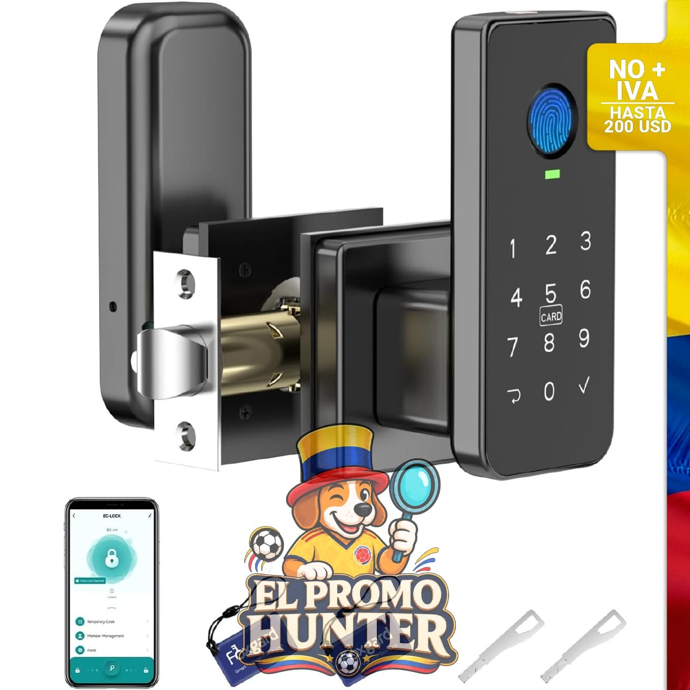 Cerradura inteligente biométrica Foxgard con huella dactilar, teclado, control por aplicación y llave.