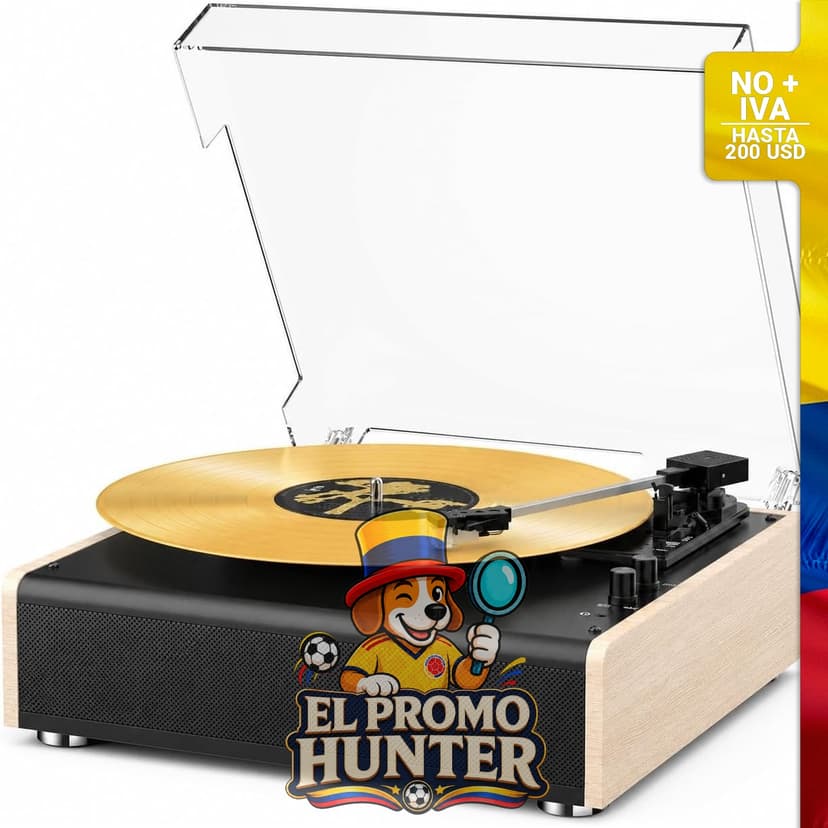 Tocadiscos de vinilo Bluetooth con altavoces estéreo, 3 velocidades (7"/10"/12"), cartucho magnético, salida RCA, entrada auxiliar.