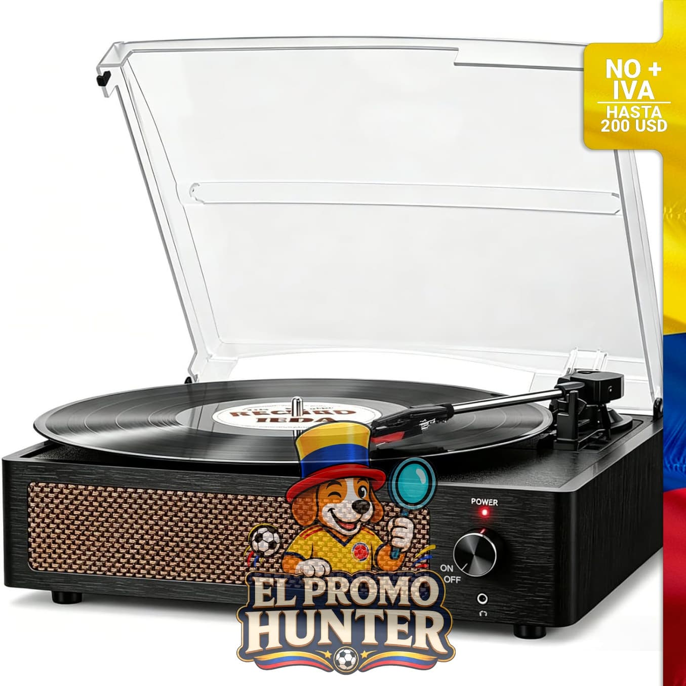 Tocadiscos de vinilo vintage con altavoces, soporte para 3 velocidades, reproducción inalámbrica y entrada AUX.