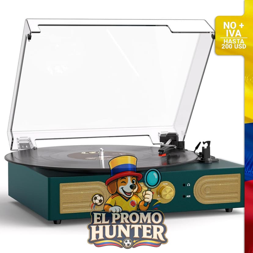 Reproductor de discos de vinilo con altavoces estéreo, 3 velocidades, control de graves/agudos, salidas RCA/AUX.