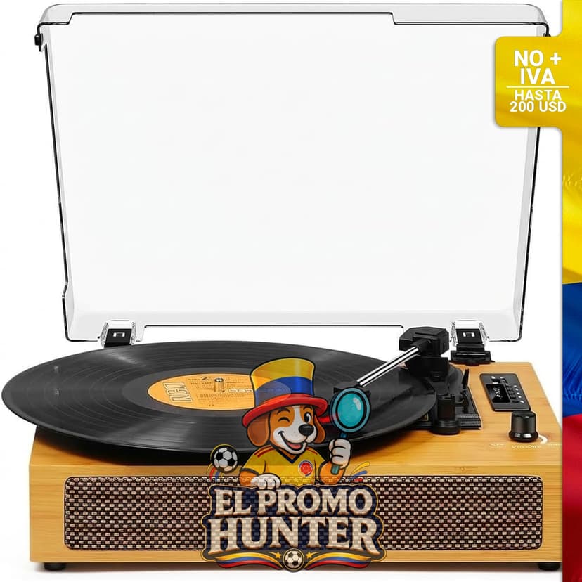 Reproductor de discos de vinilo con altavoces, Bluetooth, 3 velocidades, grabación USB, entrada auxiliar y salida RCA.
