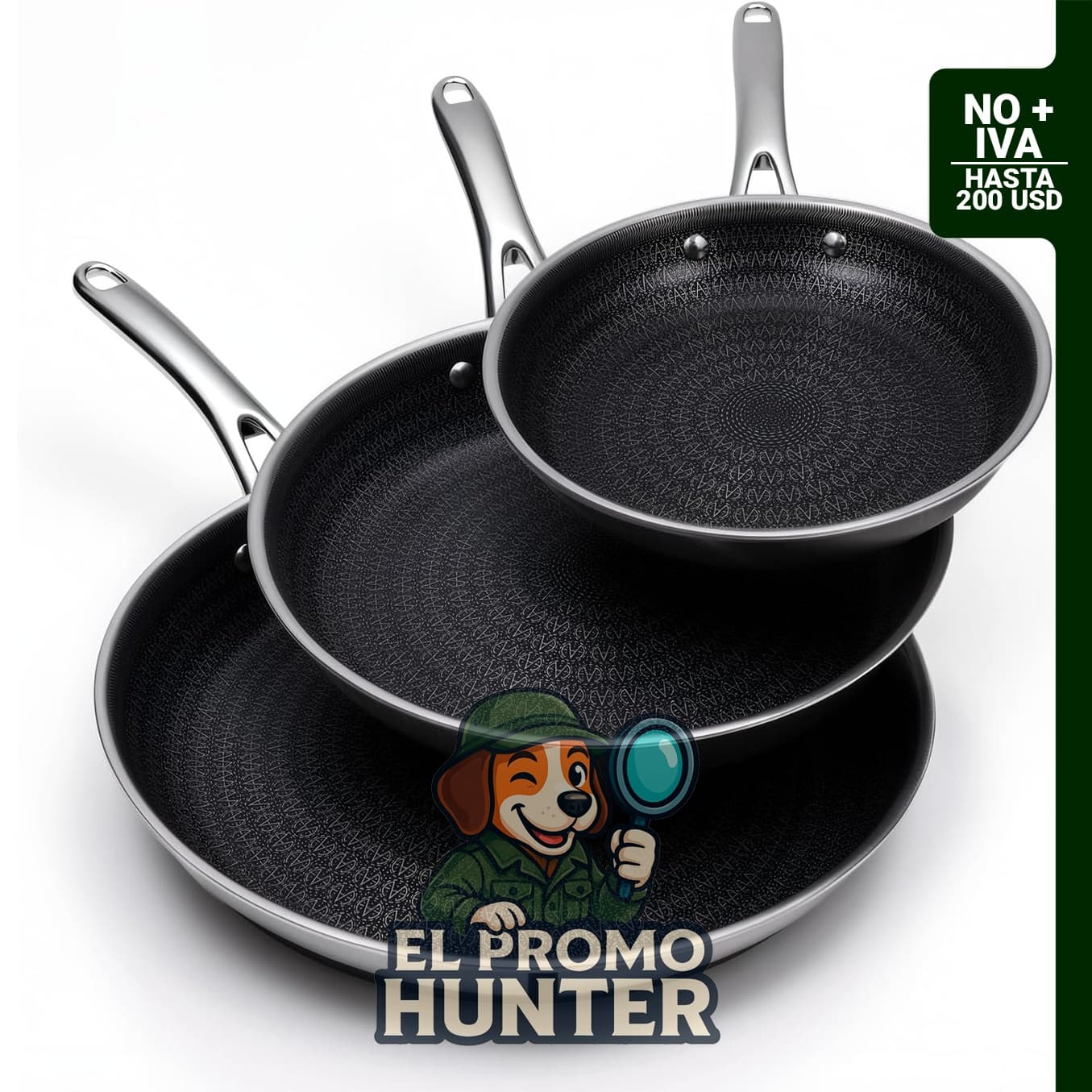 Set de 3 sartenes híbridas de acero inoxidable de la marca Ammeloo.