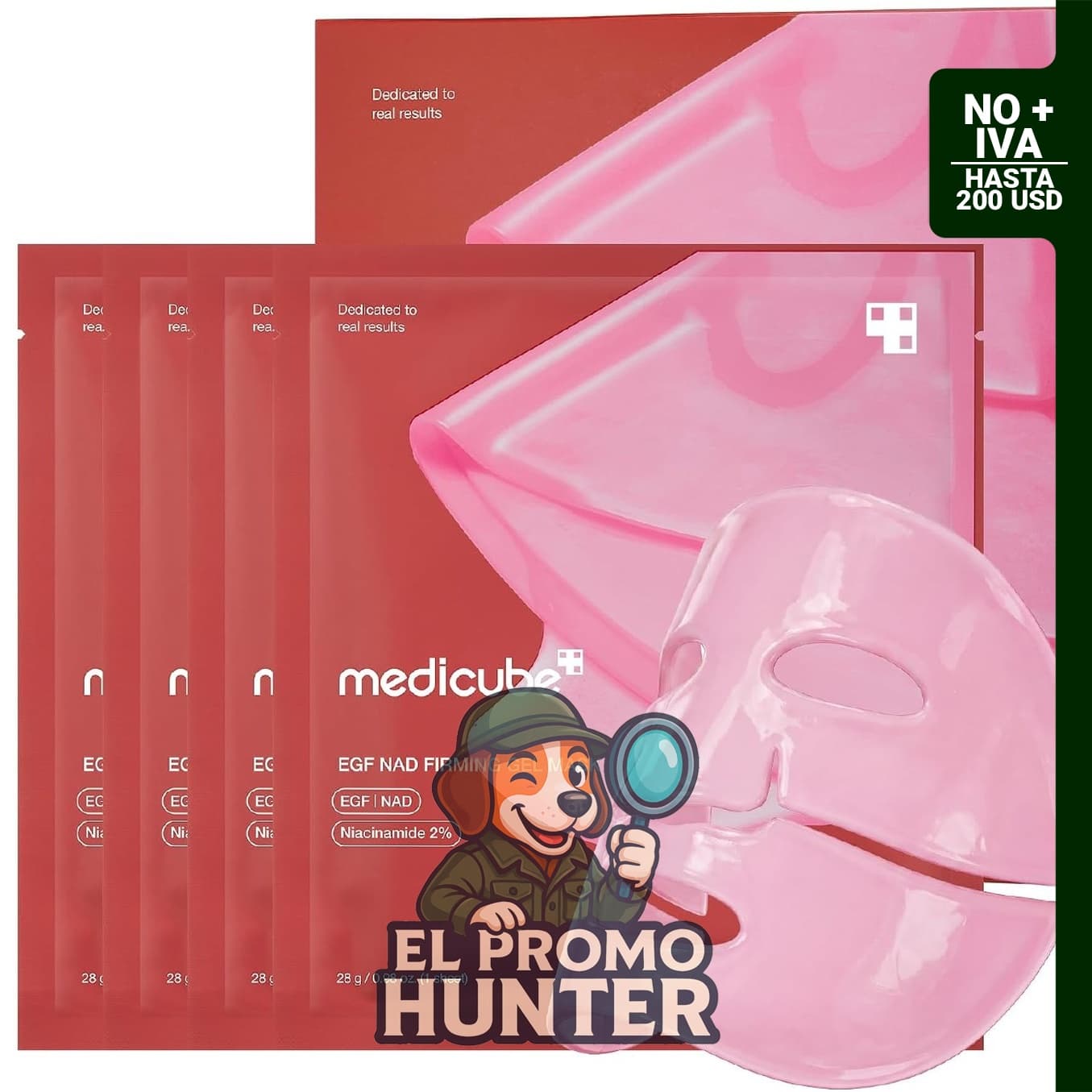 Mascarillas Hydrogel Reafirmantes Medicube con NAD+ y EGF, paquete de 4 unidades.