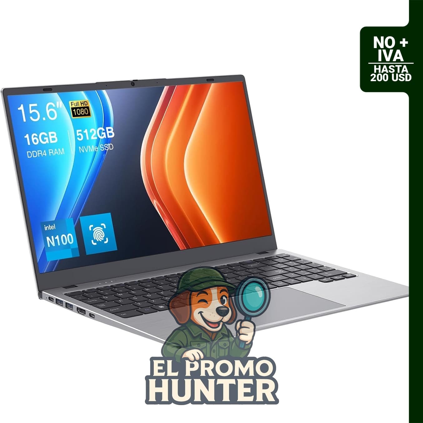 Laptop N100 Quad-Core, 16GB DDR5, 512GB NVMe SSD, pantalla de 15.6", desbloqueo por huella dactilar, cámara con obturador físico.