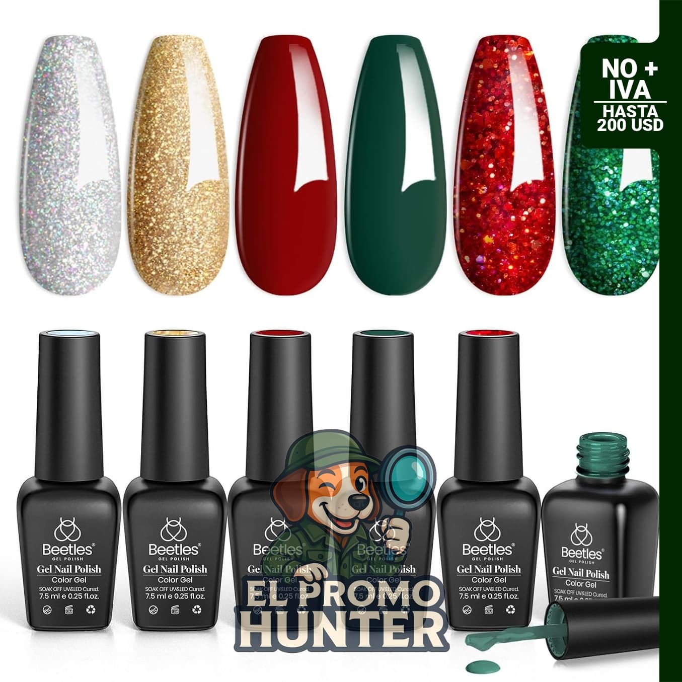 Juego de esmaltes de uñas en gel de Navidad, incluye colores rojo brillante, verde, dorado, plateado y rojo oscuro.