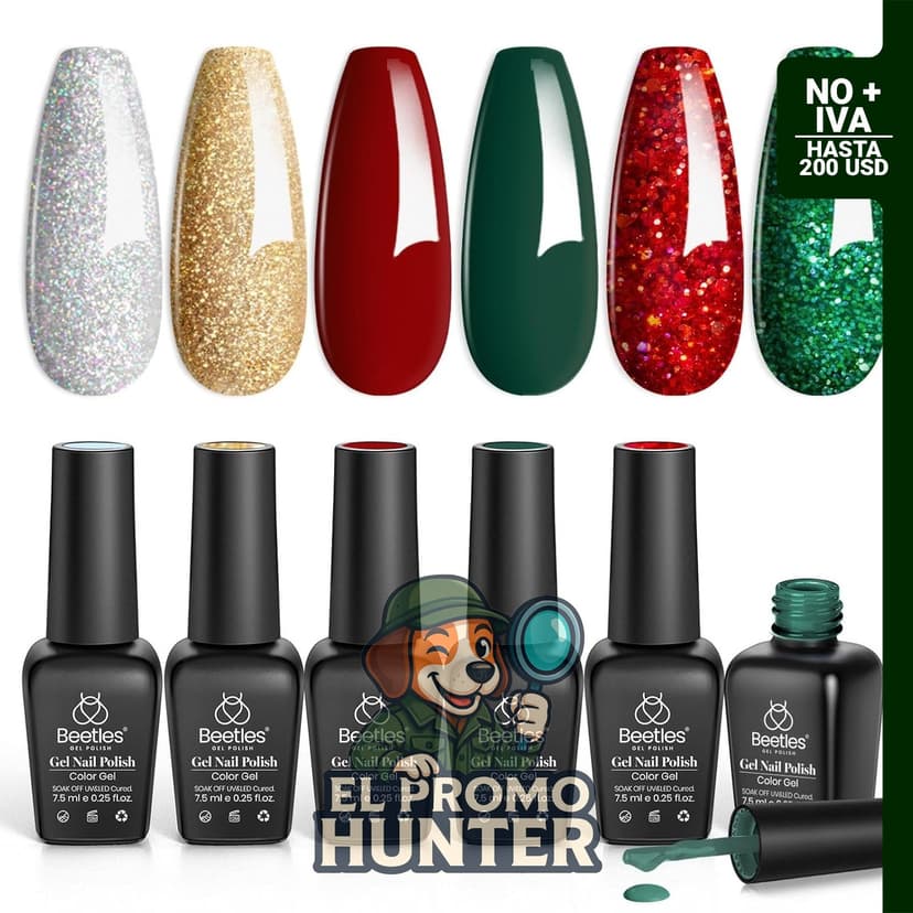 Juego de esmaltes de uñas en gel de Navidad, incluye colores rojo brillante, verde, dorado, plateado y rojo oscuro.