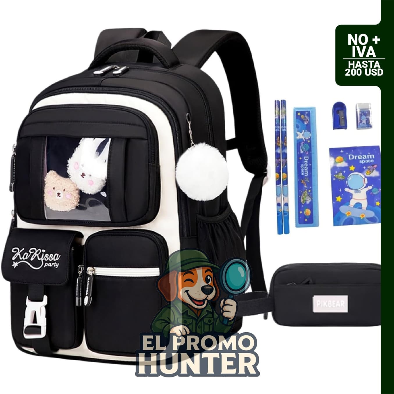 Mochila escolar negra para niños, incluye 3 piezas.