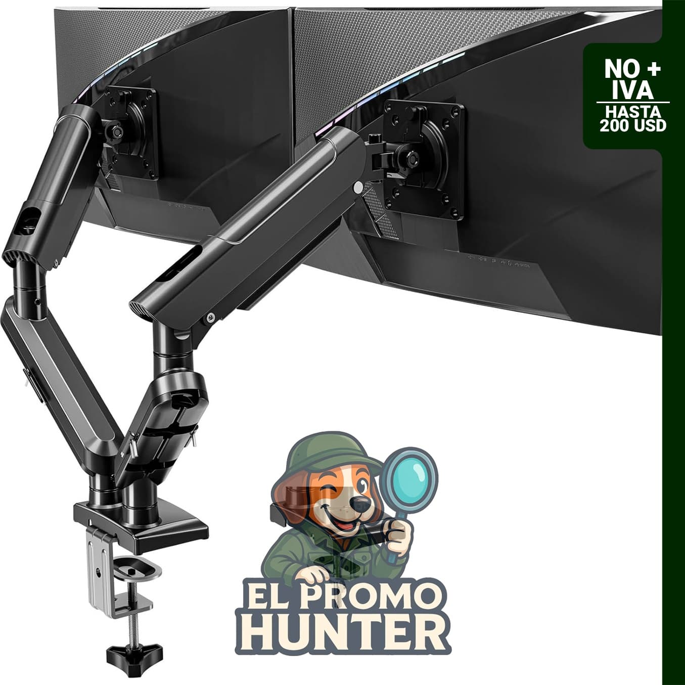 Soporte de monitor doble para pantallas de 33 a 81 cm, brazos ajustables que soportan 2 a 10 kg, compatible con VESA 75 x 75 mm.