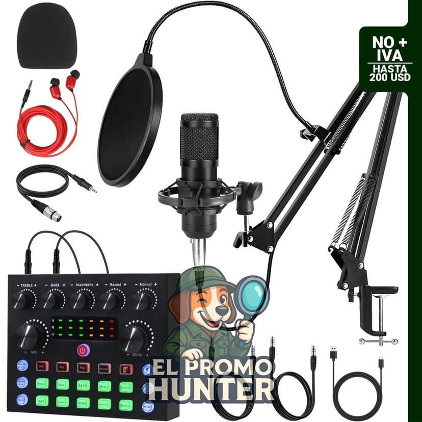 Paquete de equipo de podcast para 1, incluye micrófonos de condensador, tarjeta de sonido Bluetooth y efectos DSP.