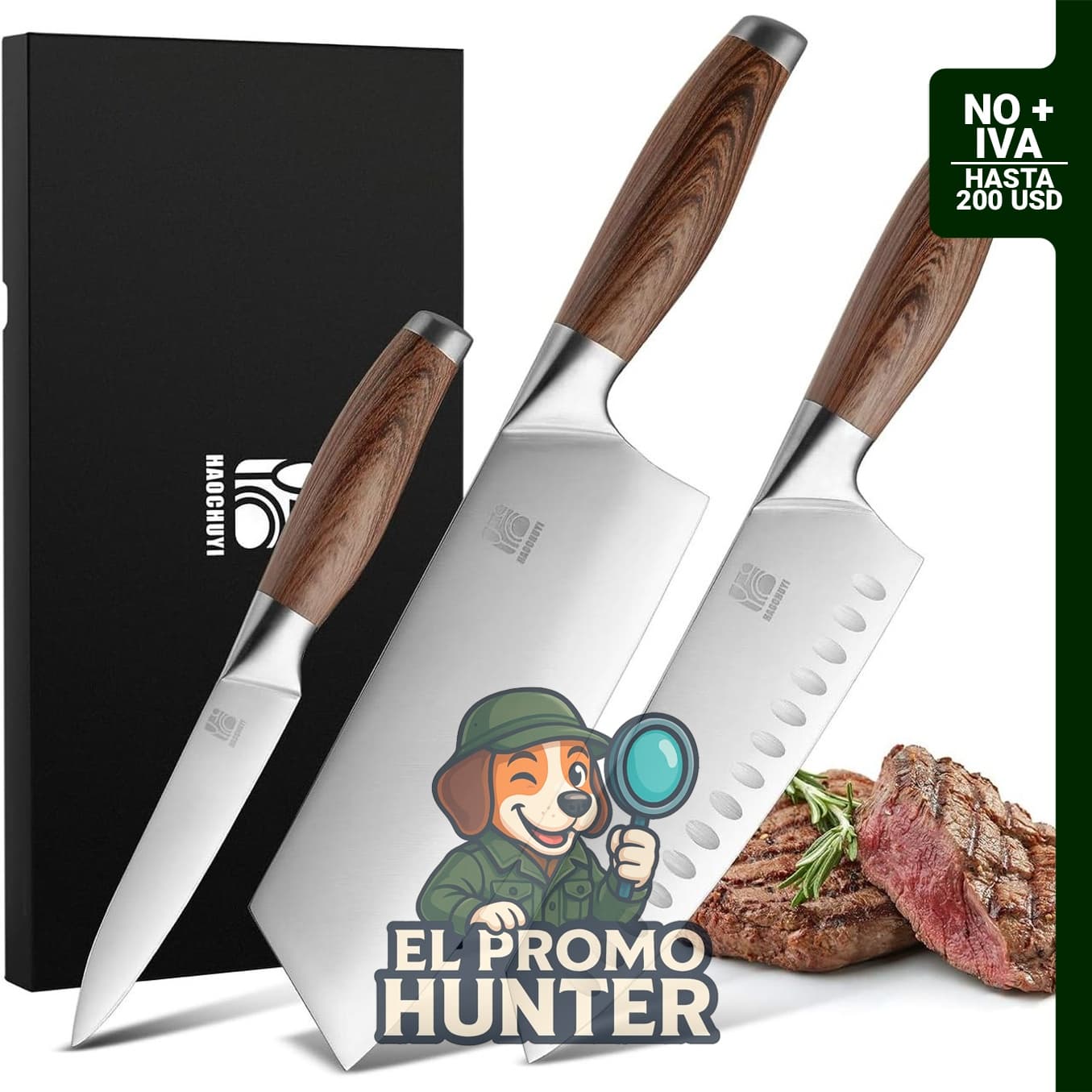 Juego de cuchillos de chef profesionales de 3 piezas con mango ergonómico de acero.