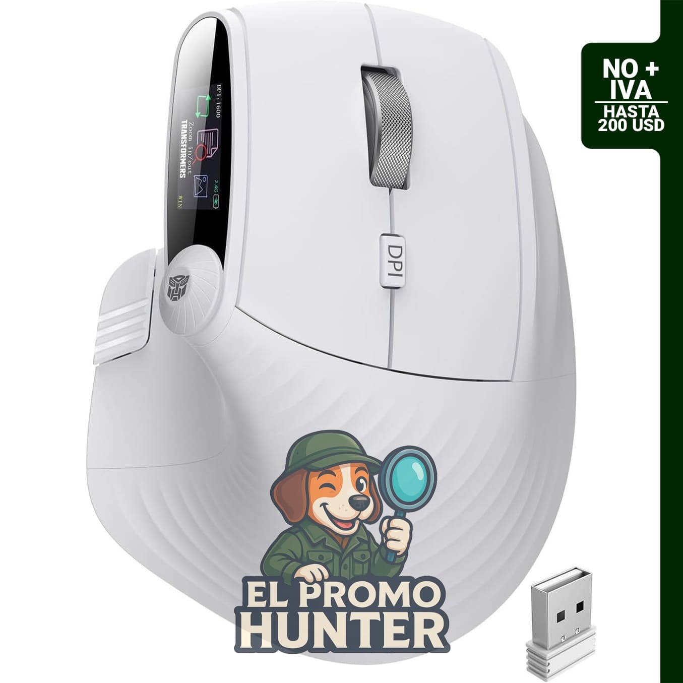 Ratón ergonómico vertical con pantalla LED y control de perilla, conectividad de 3 dispositivos (2.4G + Bluetooth dual).