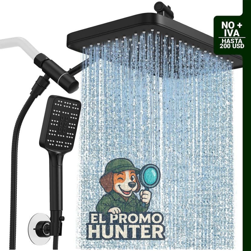 Cabezal de ducha doble con rociador ajustable en negro mate, incluye cabezal de lluvia de 30,5 cm y rociador de mano.