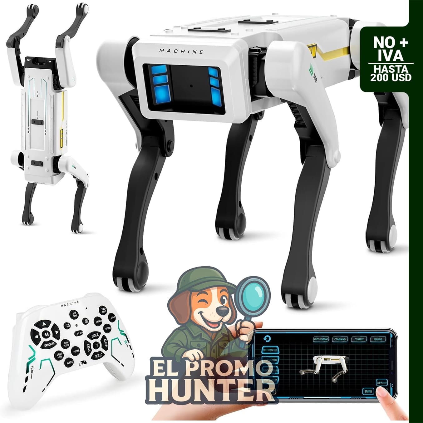 Robot perro interactivo con control de voz, más de 30 acciones y programación de aplicaciones, compatible con iOS/Android.