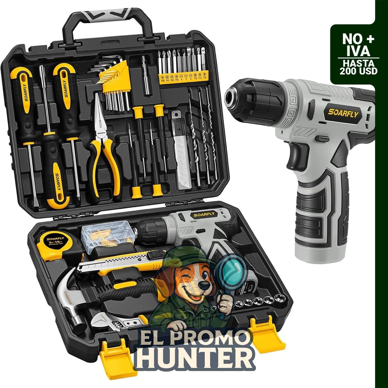 Juego de herramientas de 157 piezas con taladro inalámbrico de 8 V y caja de herramientas manuales.