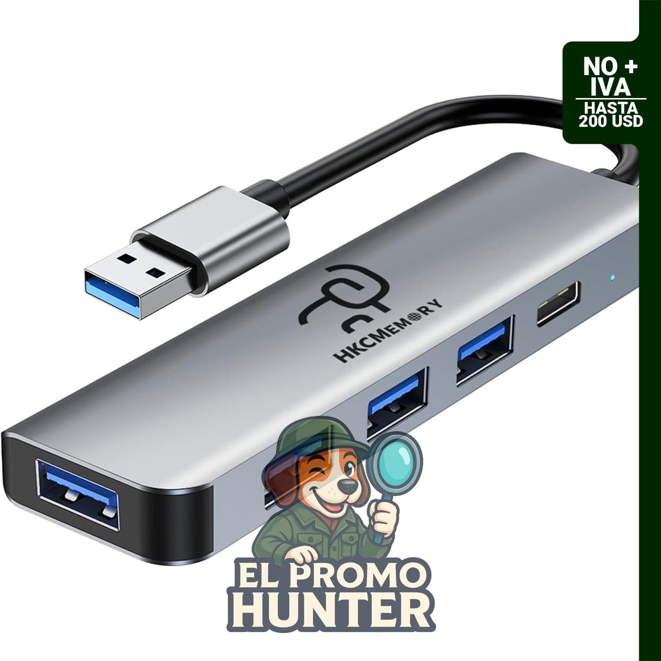 Adaptador divisor USB A 5 en 1 con puertos USB 3.0 y USB 2.0, entrega de energía tipo C.