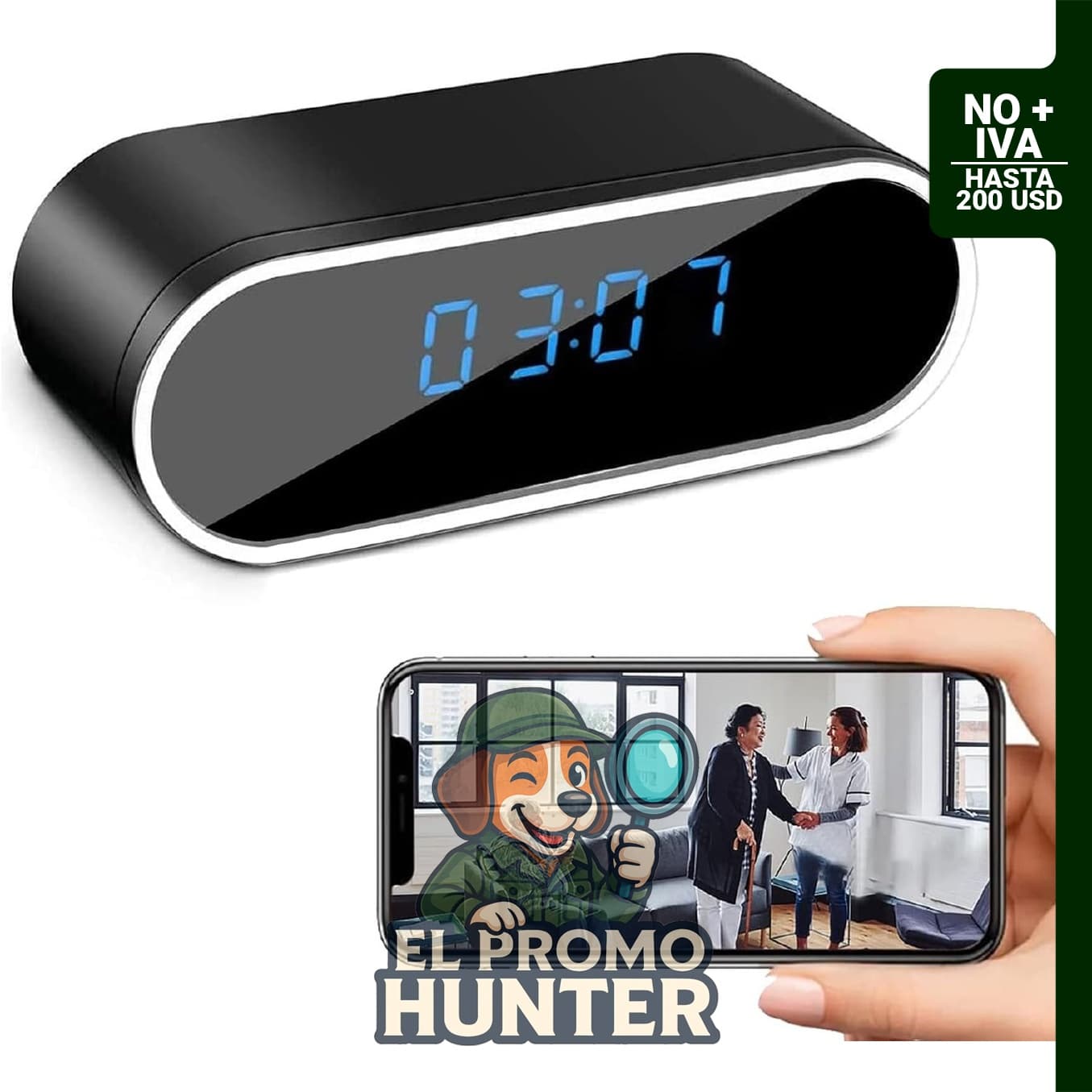 Reloj con cámara oculta 1080P HD, WiFi, detección de movimiento y visión nocturna.