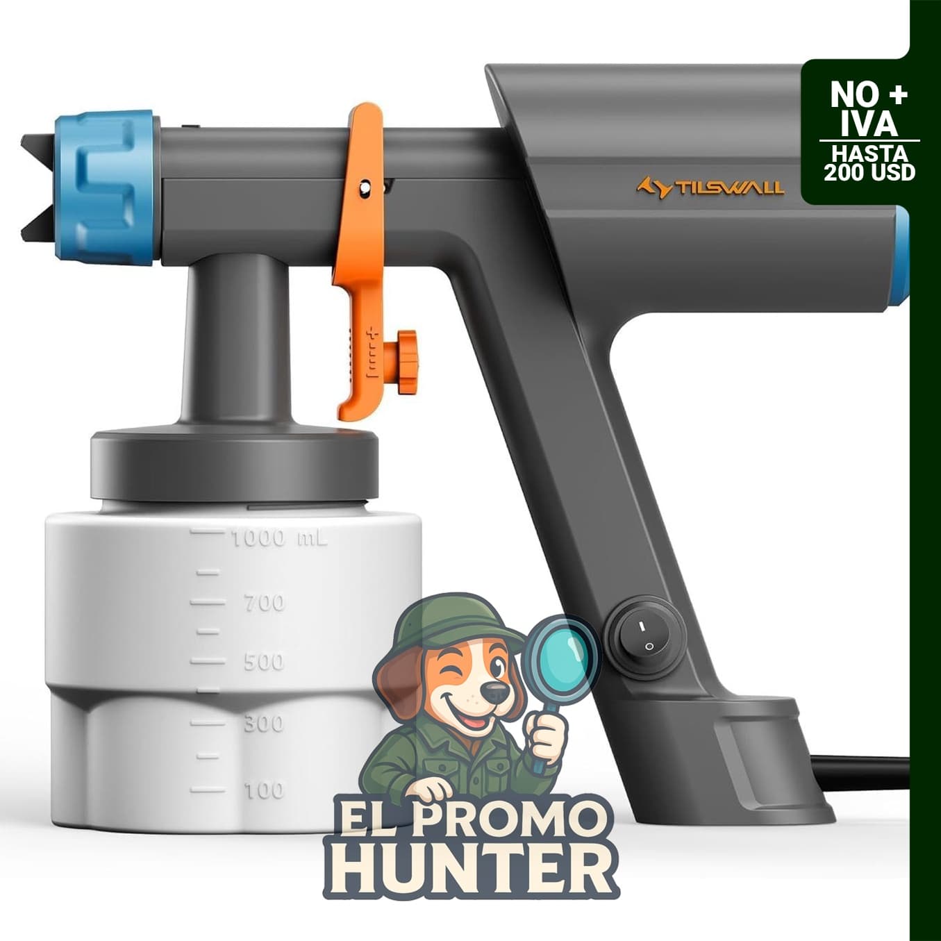 Pistola pulverizadora de pintura eléctrica HVLP TILSWALL Dreamer600, 0-1200 ml/min ajustable, incluye adaptador de boquilla y kit de limpieza.