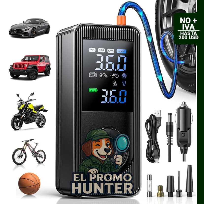 Compresor de aire portátil con batería recargable, inflado rápido hasta 150 PSI, adaptador de CC de 12 V.