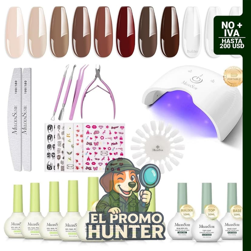 Kit de uñas de gel con lámpara UV recargable, incluye esmalte a base de plantas y gel constructor.