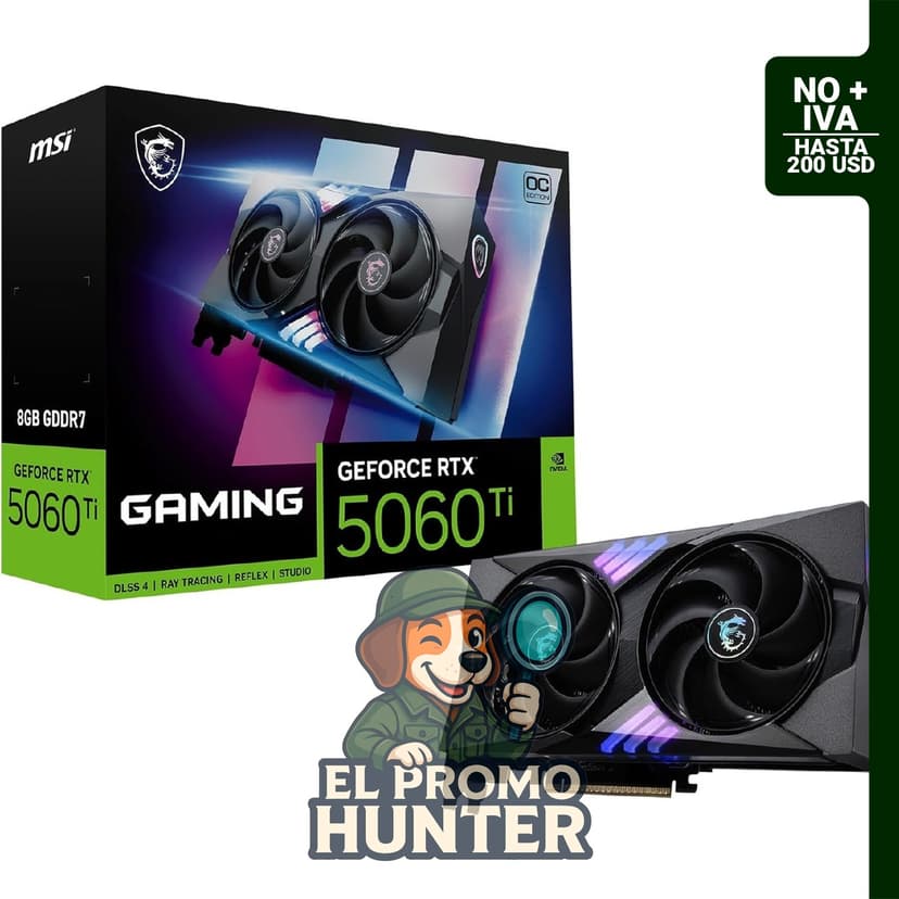 Tarjeta gráfica MSI Gaming RTX 5060 Ti 8G, 8GB GDDR7, arquitectura NVIDIA Blackwell, conexiones DisplayPort x 3 (2.1a) y HDMI 2.1b.