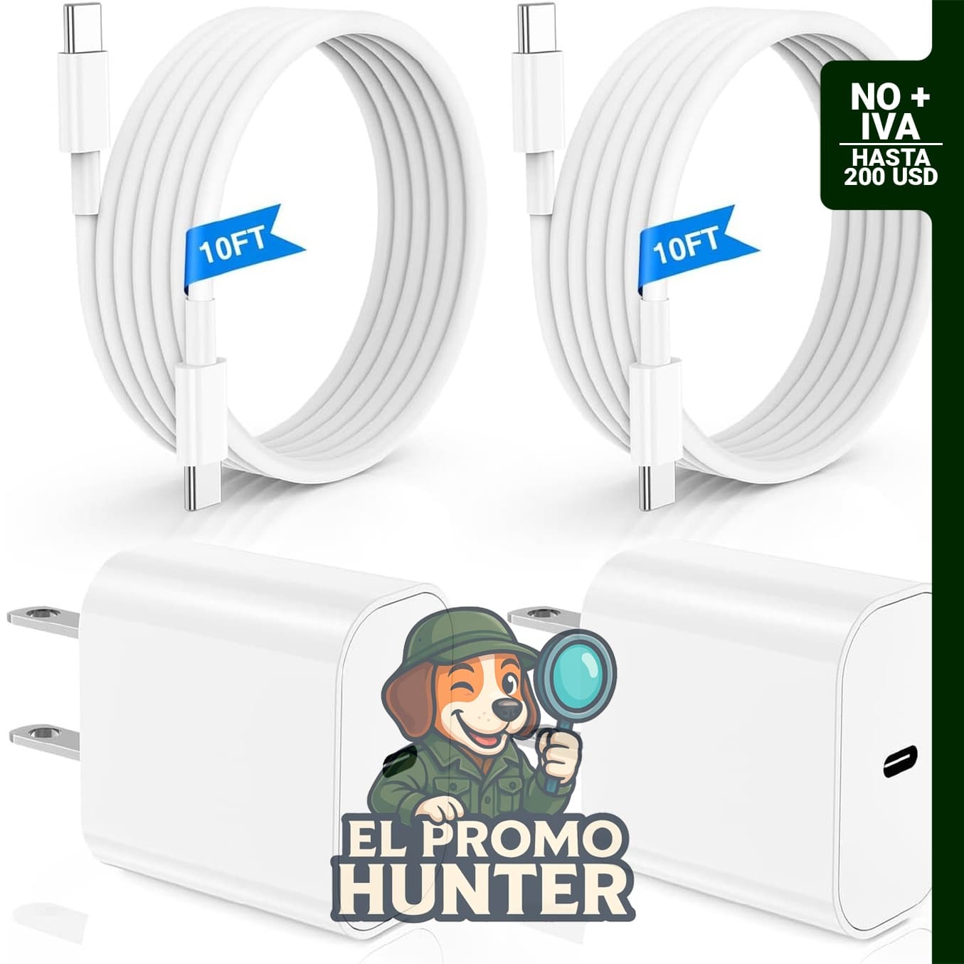 Cargador rápido USB tipo C de 10 pies para iPhone 15/16/17 y iPad, incluye bloque de carga.