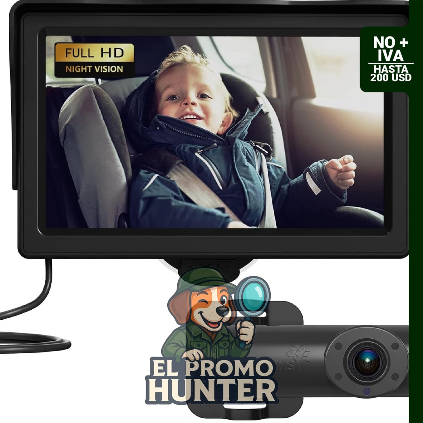Cámara de coche para bebé con pantalla HD de 4.3 pulgadas y visión nocturna, ajustable 360°.