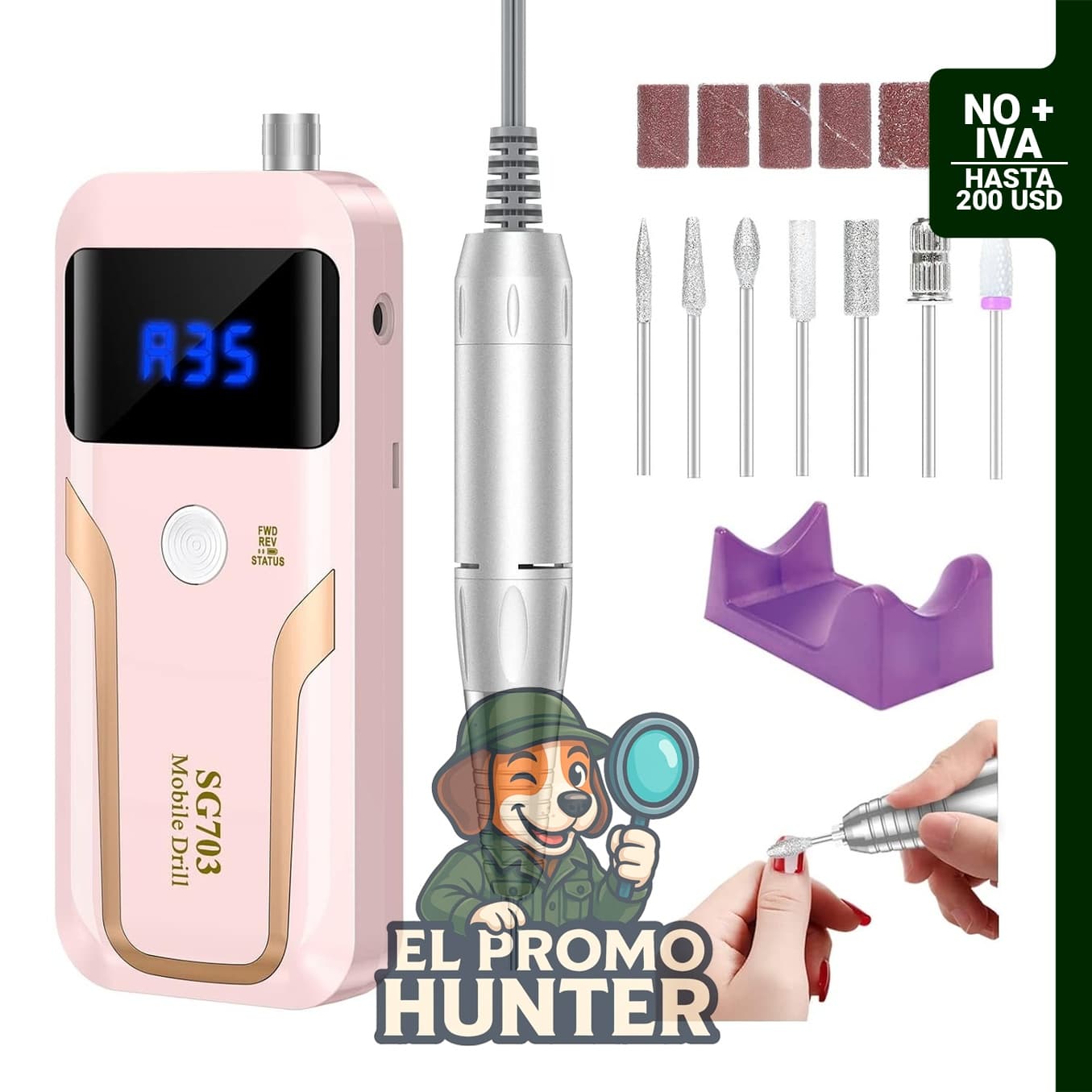 Taladro de uñas portátil MOCOWIND, 35000 RPM, recargable, incluye kit de brocas para manicura.
