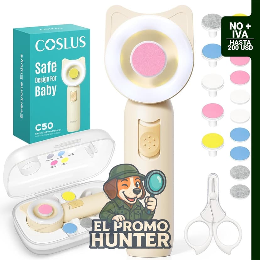 Lima de uñas eléctrica para bebé, incluye luz de 360° y kit de 16 piezas.