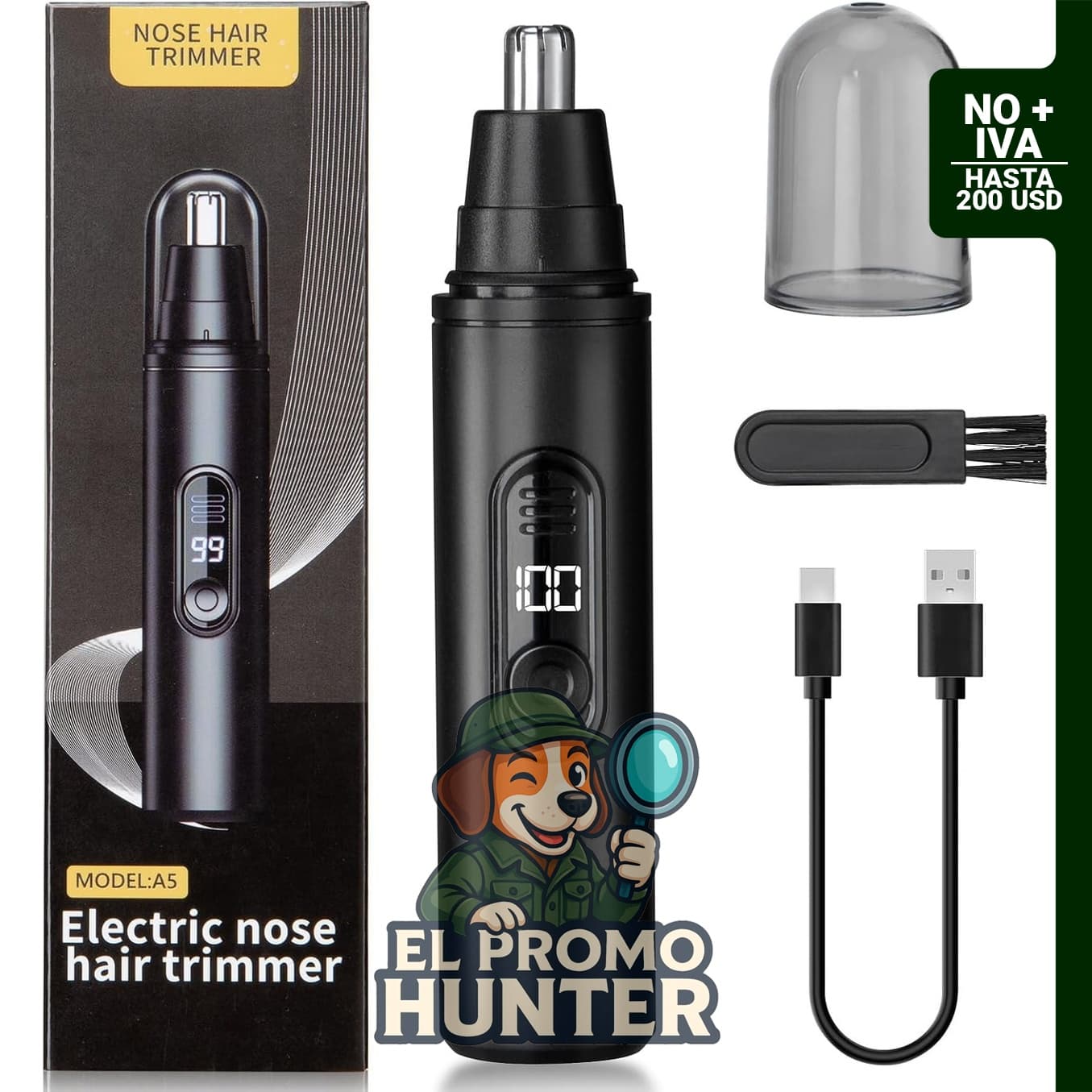 Recortadora de pelo de nariz y oreja, recargable, con pantalla LED, resistente al agua y portátil.