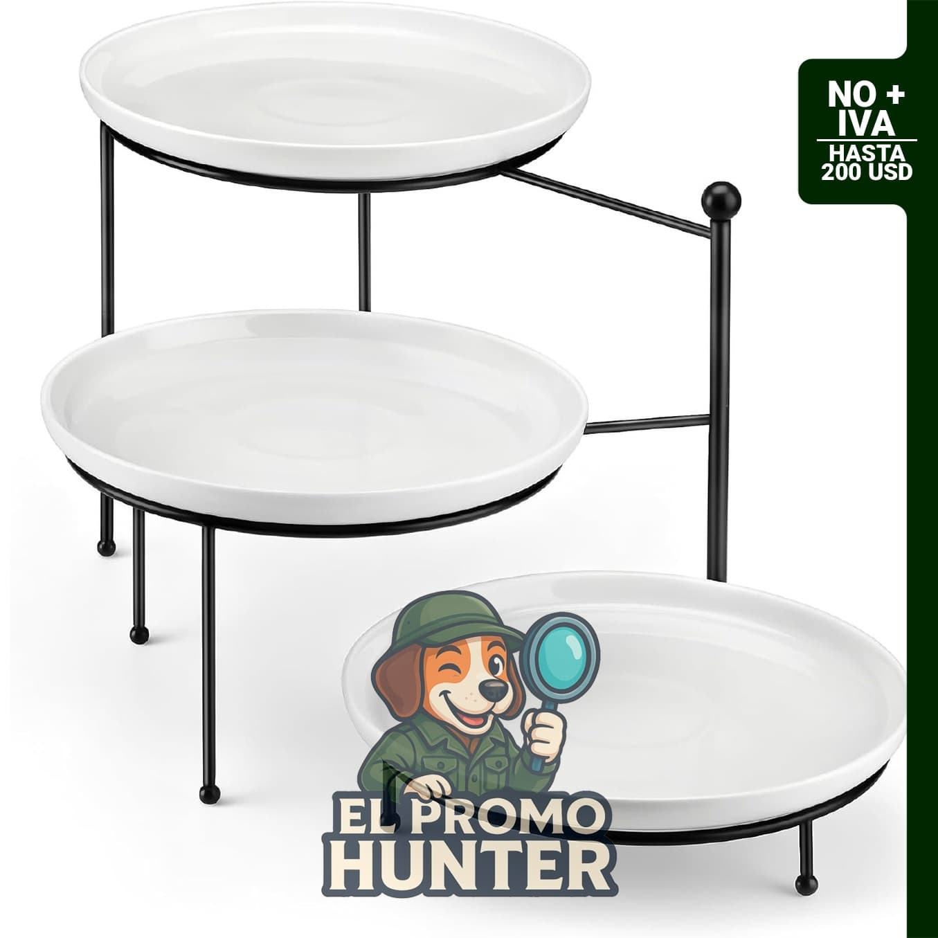 Bandeja de porcelana de 3 niveles con soporte negro.