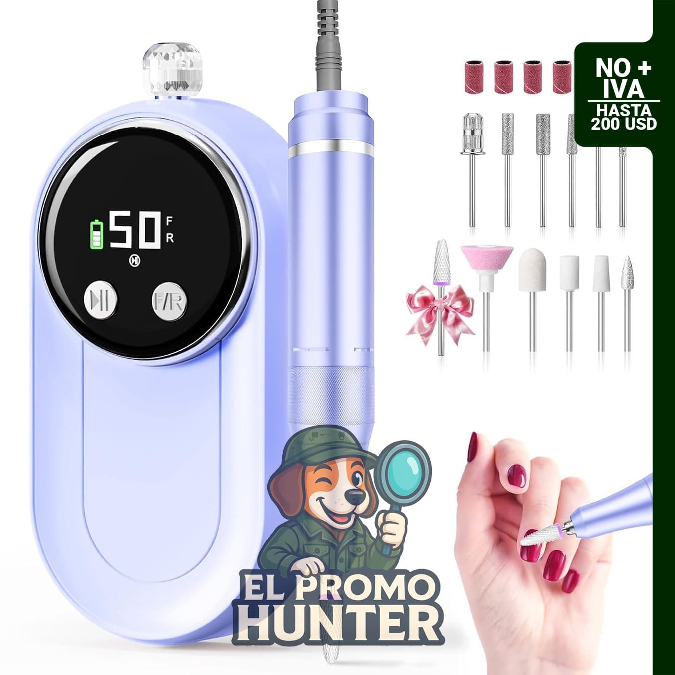 Taladro de uñas recargable con velocidad de 50,000 RPM y kit incluido.