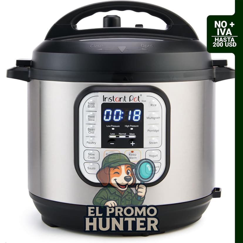 Olla a presión multifunción Instant Pot IP-DUO60 de 6 cuartos (5.7 L) y 1000 W, en acero inoxidable y negro.