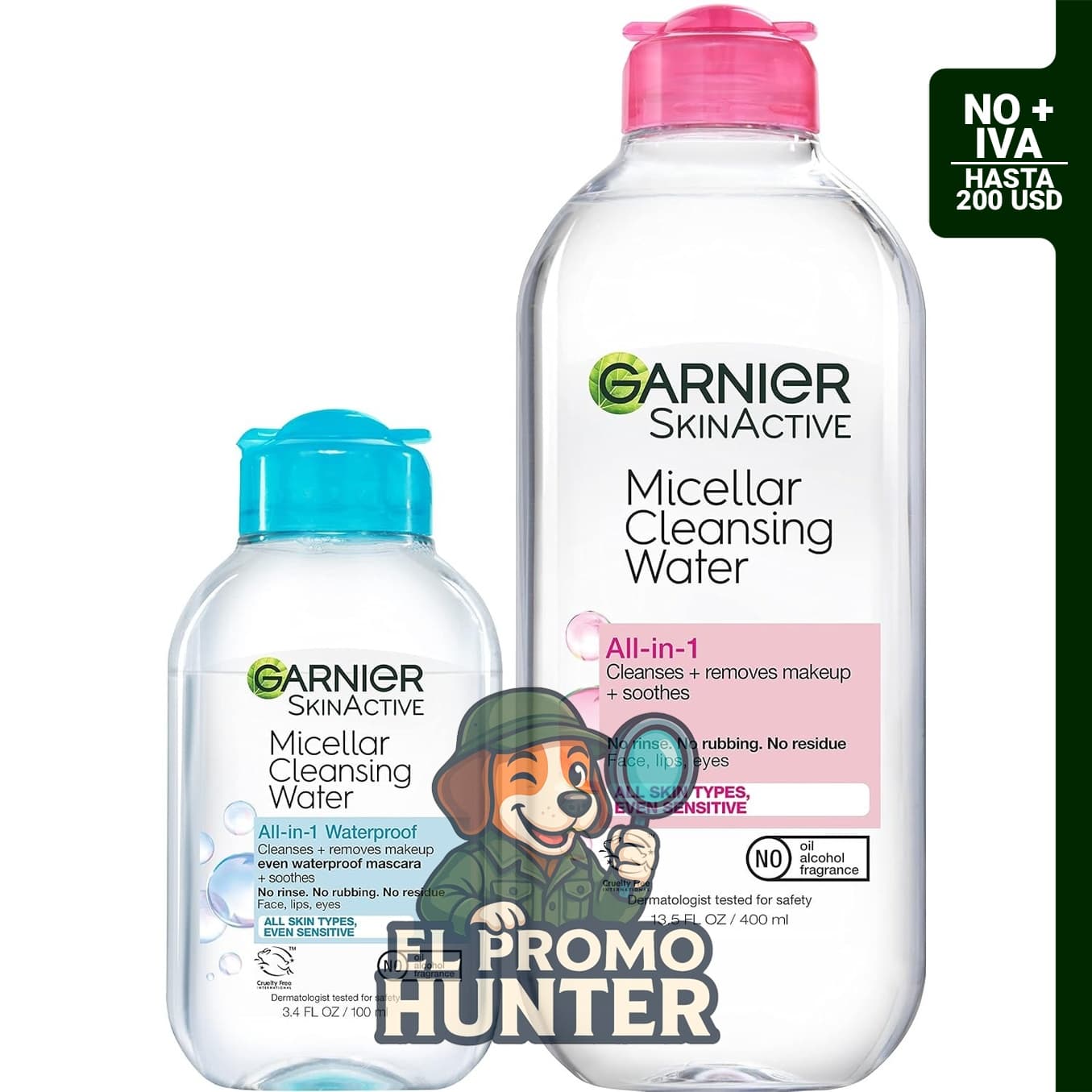 Agua limpiadora micelar Garnier, 13.5 fl oz (400 ml) + Agua limpiadora micelar para maquillaje resistente al agua, 3.4 fl oz (100 ml).