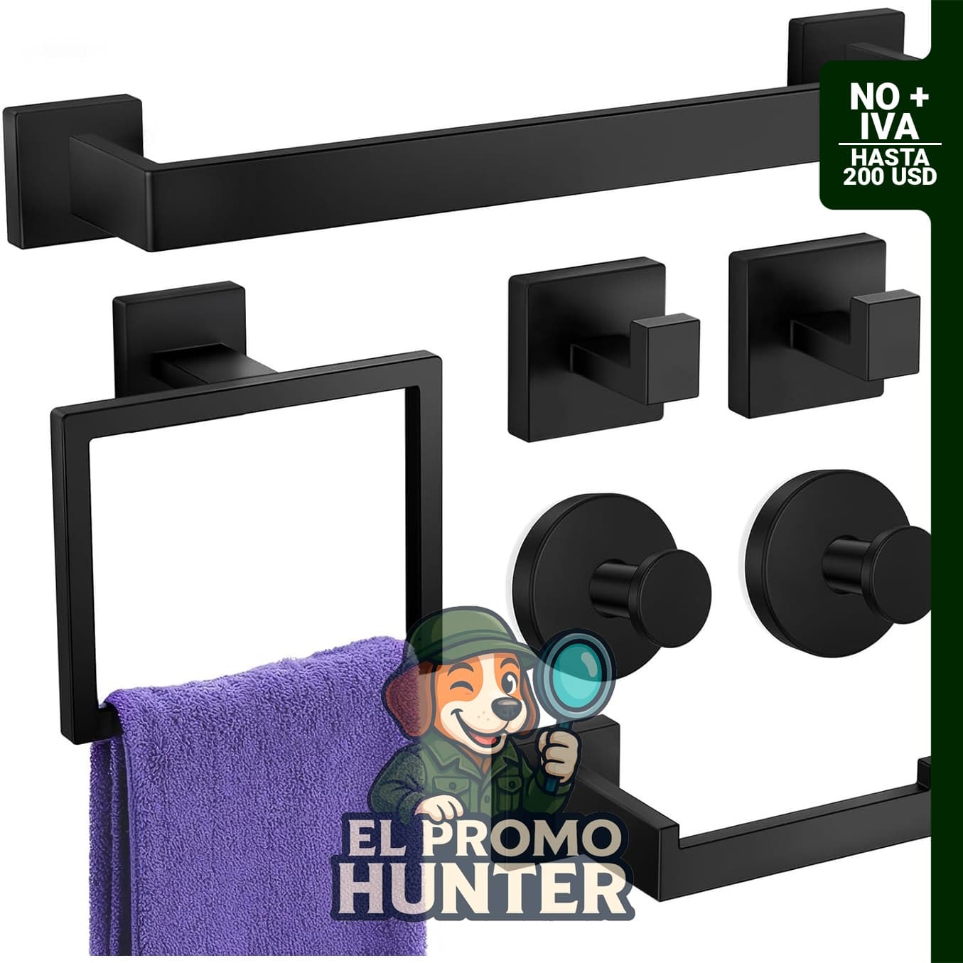 Juego de barra de toallas de baño de 7 piezas, acero inoxidable SUS304, acabado negro mate.