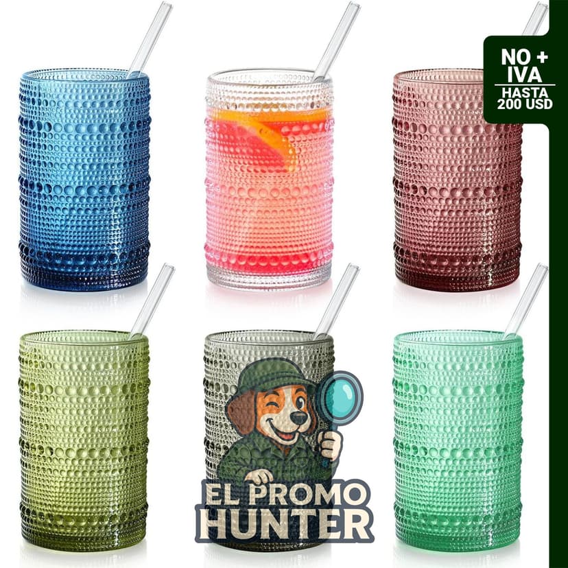 Juego de 6 vasos de vidrio vintage de 15 oz (443 ml) con relieve, aptos para diversas bebidas.