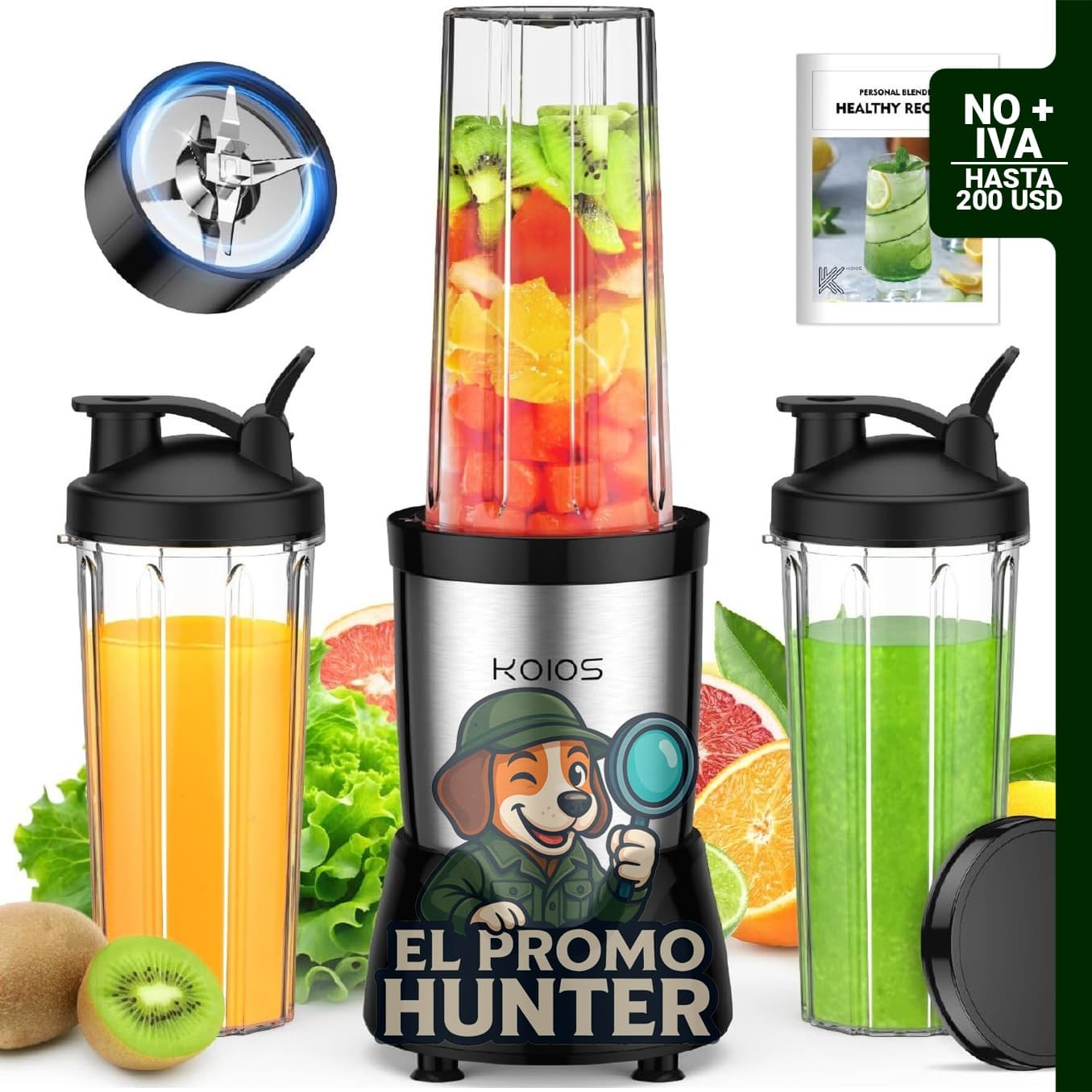 Licuadora personal KOIOS para batidos y smoothies, incluye 3 vasos de 22 oz (650 ml) cada uno.