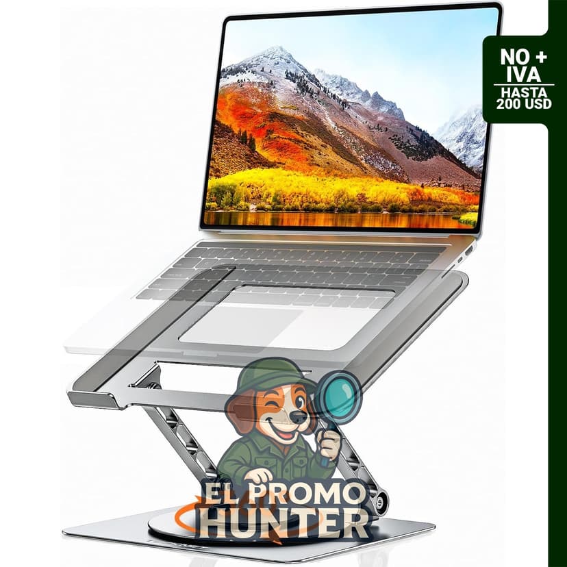 Soporte giratorio de 360° para laptops de 10-17" con altura ajustable, compatible con MacBook y HP.