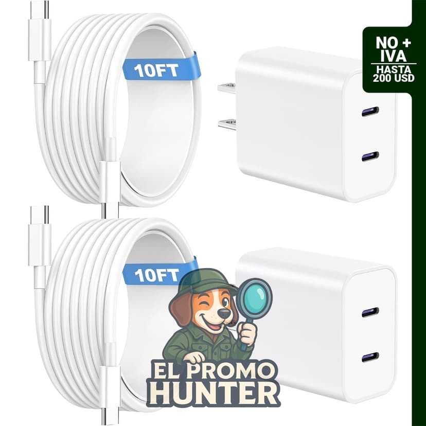 Cargador de pared USB C de 20 W con doble puerto, compatible con iPhone 15/16/17, incluye cable de 10 pies.