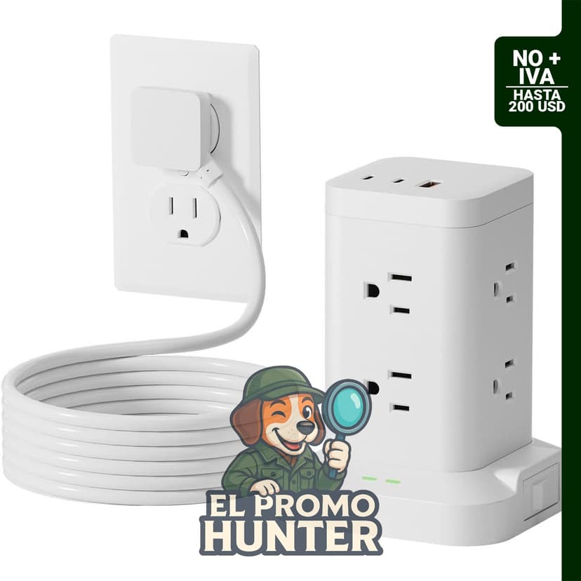 Torre de regleta de alimentación con 8 salidas de CA y 2 puertos USB-C, incluye protección contra sobretensiones de 1800J.