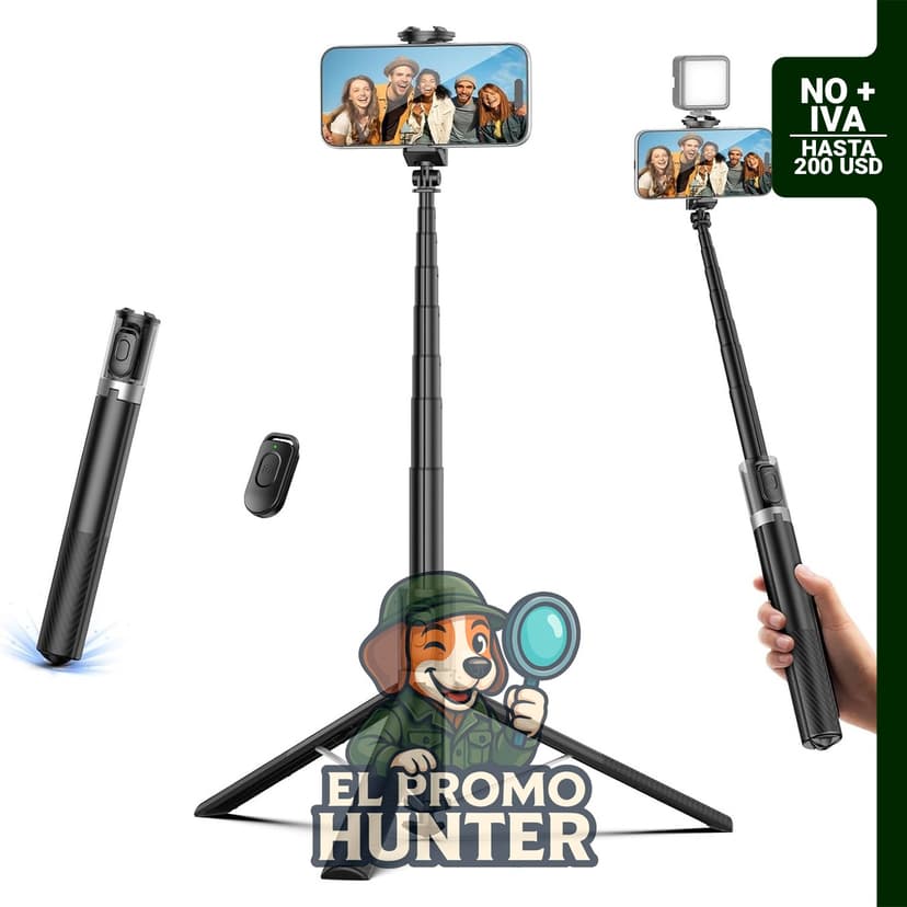 Trípode auto desplegable de 63" para teléfono, compatible con iPhone, incluye control remoto.