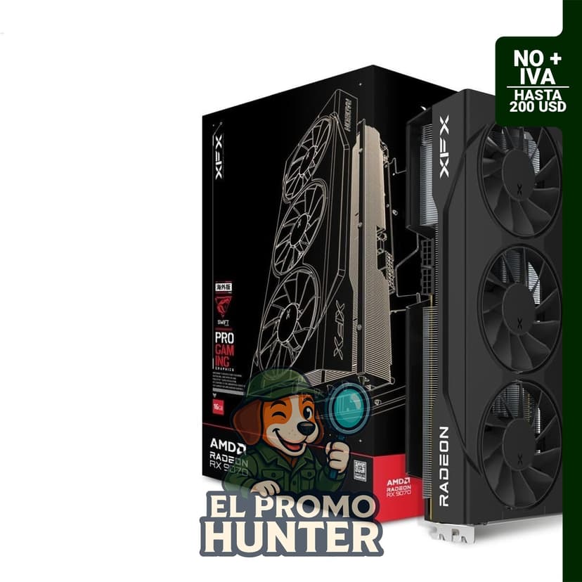 Tarjeta gráfica XFX Swift AMD Radeon RX 9070 OC con 16 GB GDDR6, conectividad HDMI y 3x DisplayPort.