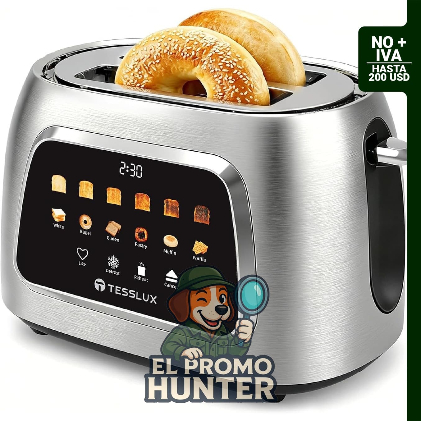Tostadora Tesslux de 2 rebanadas con pantalla táctil, ranuras de 3.8 cm, 6 niveles de tostado y temporizador digital.