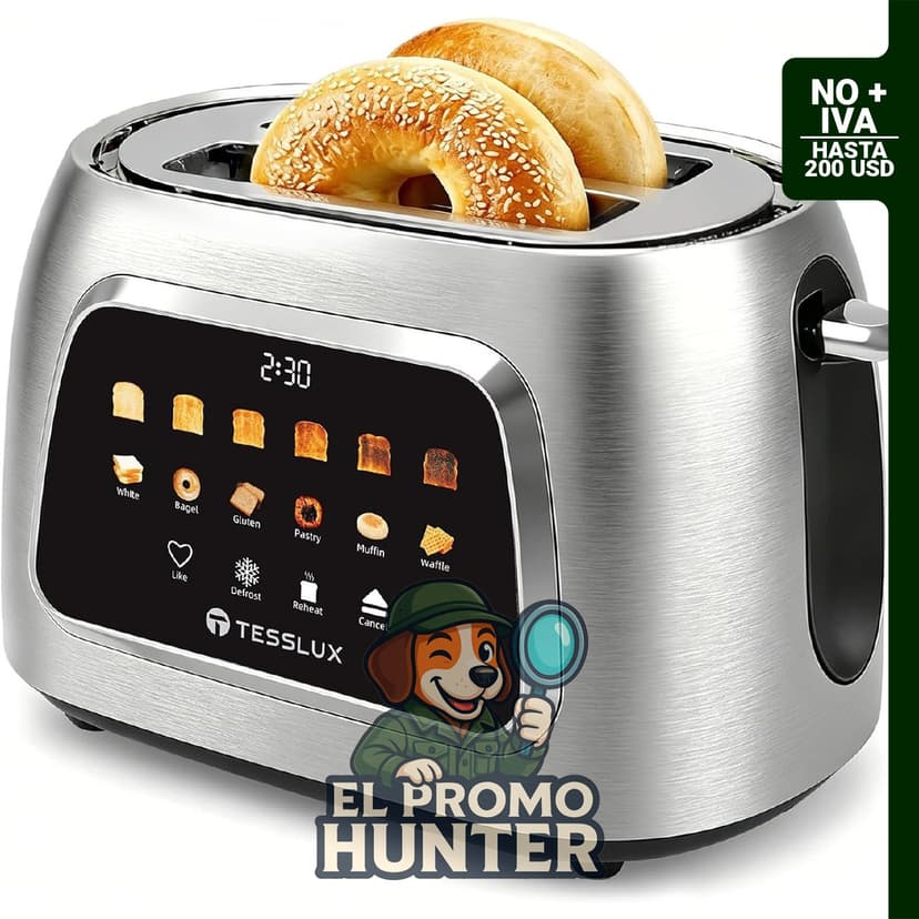 Tostadora Tesslux de 2 rebanadas con pantalla táctil, ranuras de 3.8 cm, 6 niveles de tostado y temporizador digital.