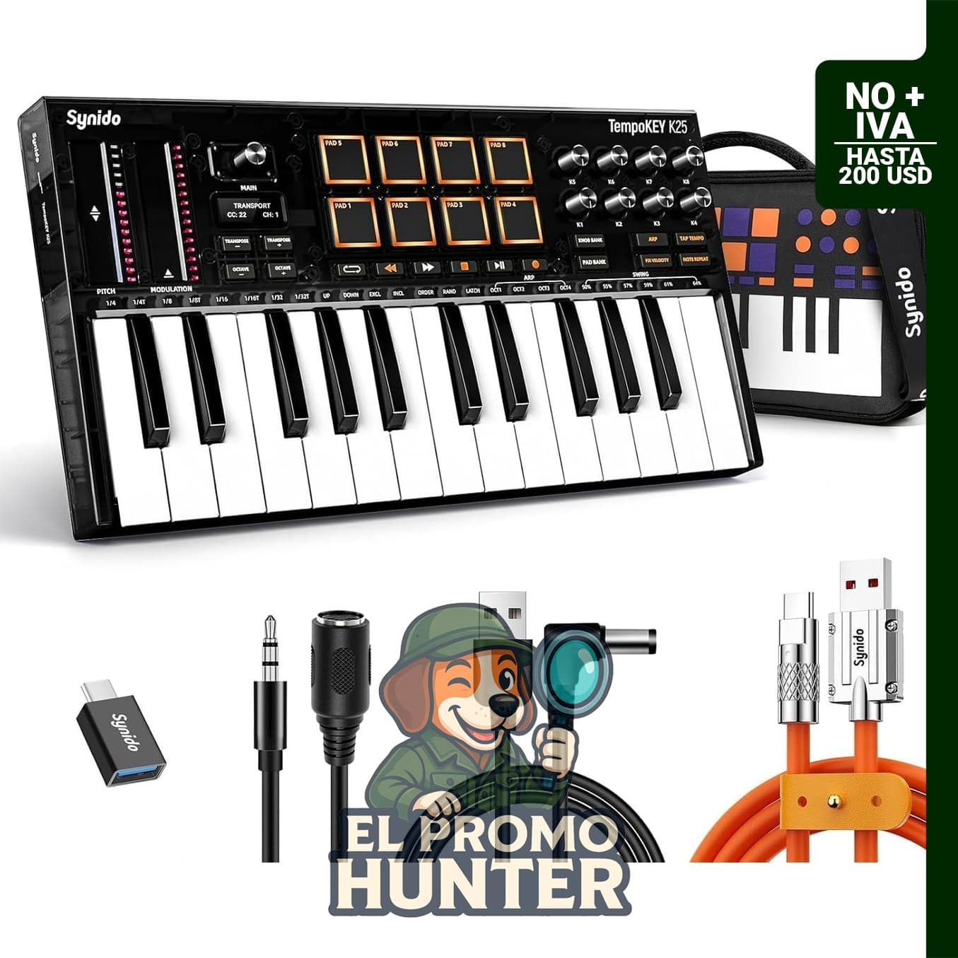 TempoKey K25 Controlador MIDI USB de 25 teclas con 8 almohadillas de batería y pantalla OLED.