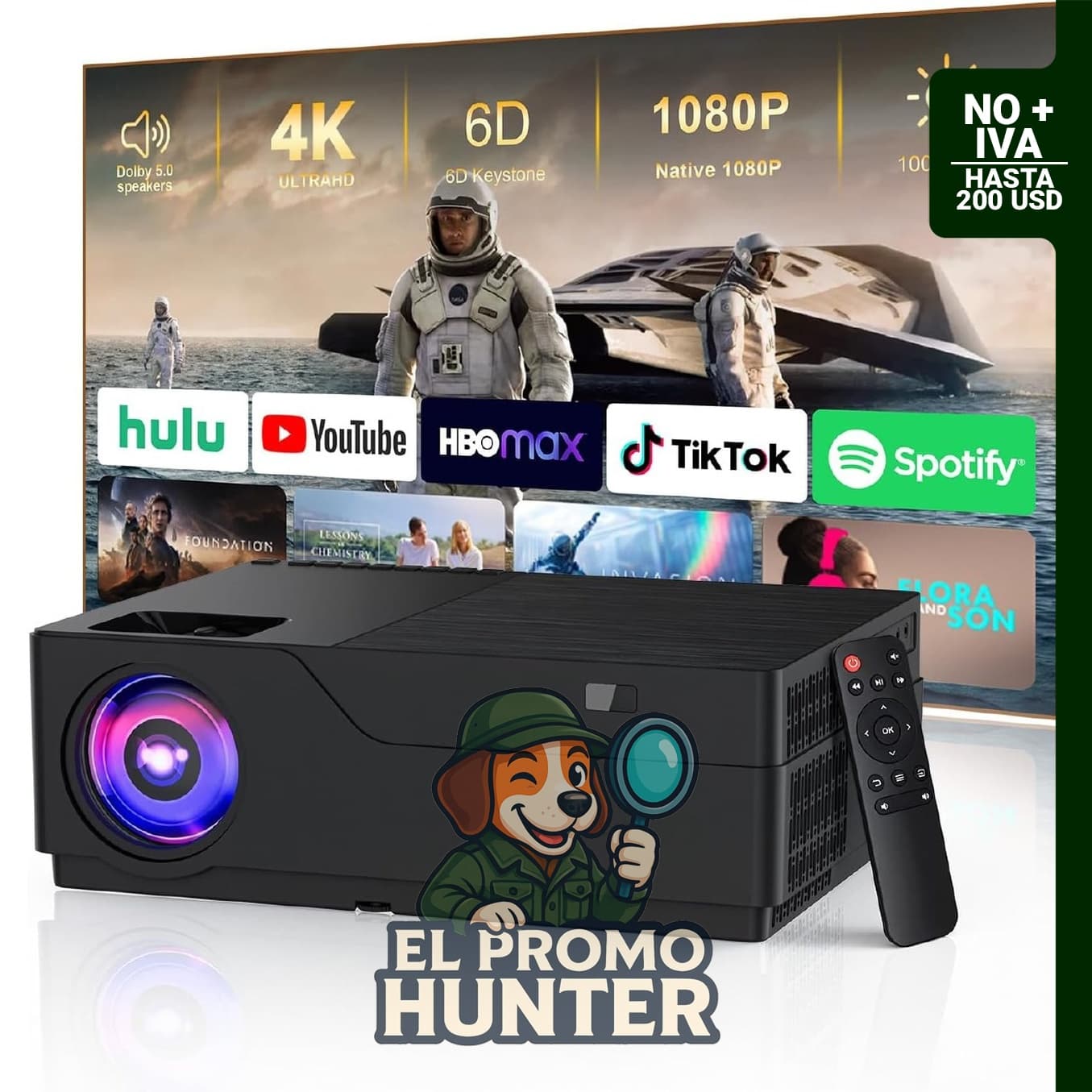 Proyector XENPONAD con WiFi y Bluetooth, resolución 4K nativo y 1080p, portátil para cine en casa y uso exterior.