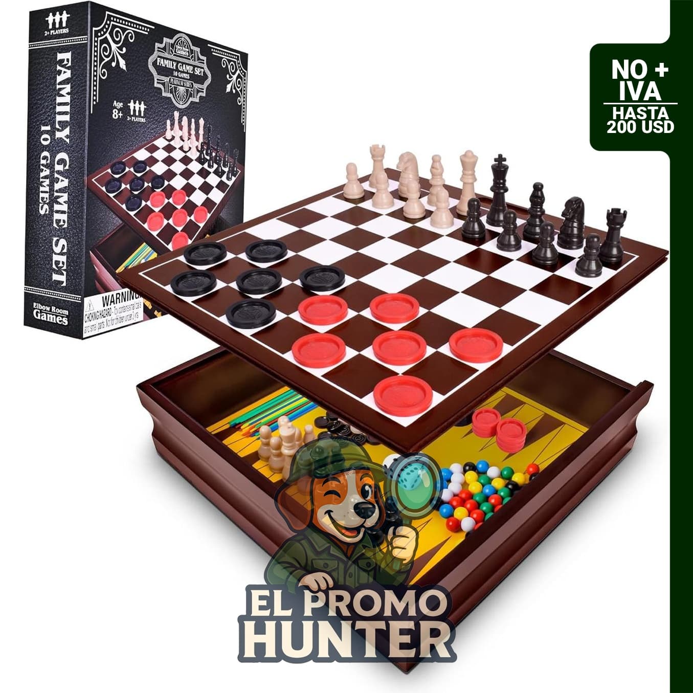 Set de juegos familiares con 10 juegos clásicos, incluye caja de almacenamiento de madera y tableros integrados.