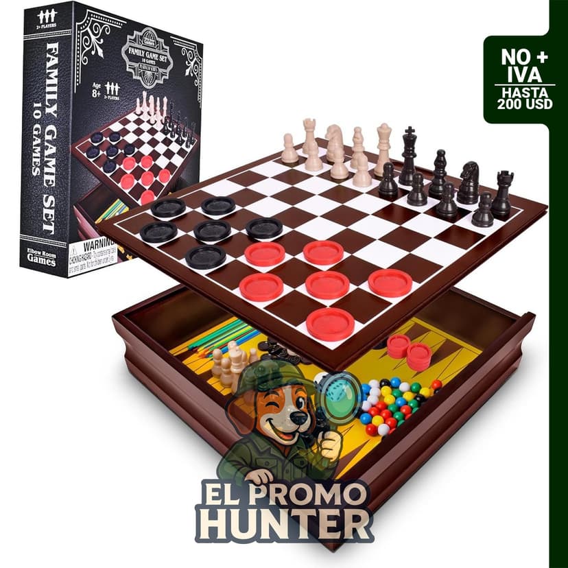 Set de juegos familiares con 10 juegos clásicos, incluye caja de almacenamiento de madera y tableros integrados.