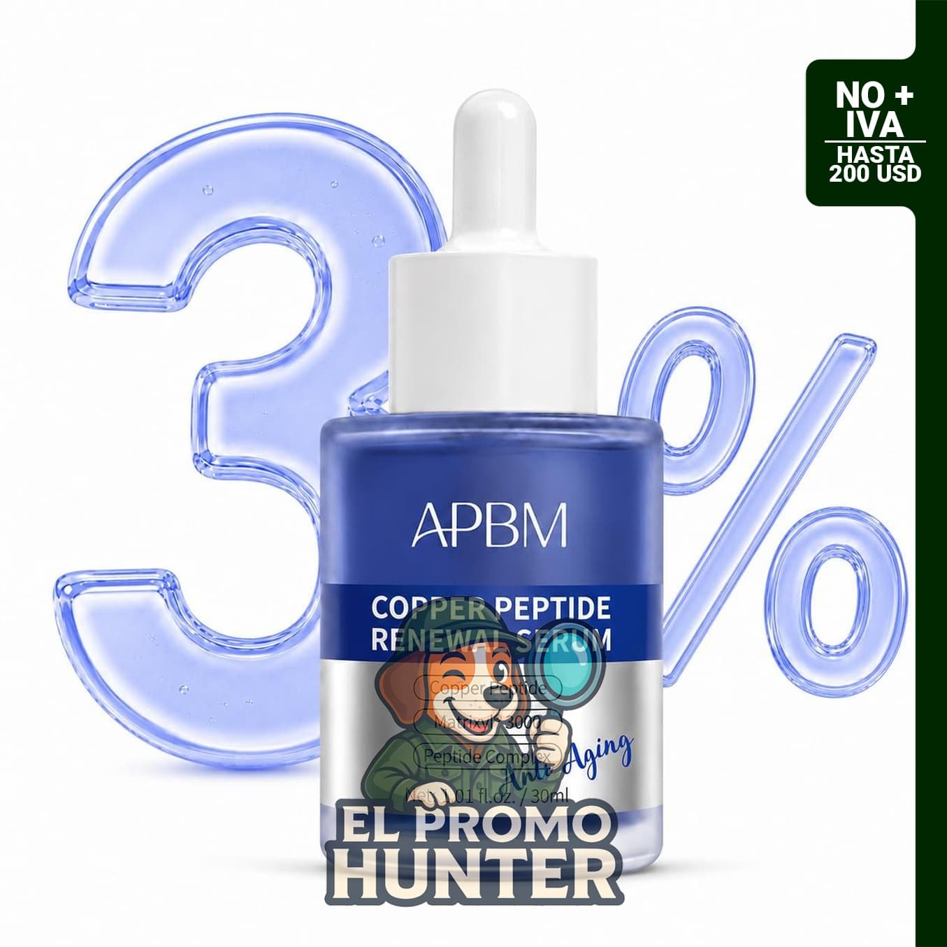 Suero de péptido de cobre GHK-Cu con Matrixyl 3000 y ácido hialurónico, 30 ml.