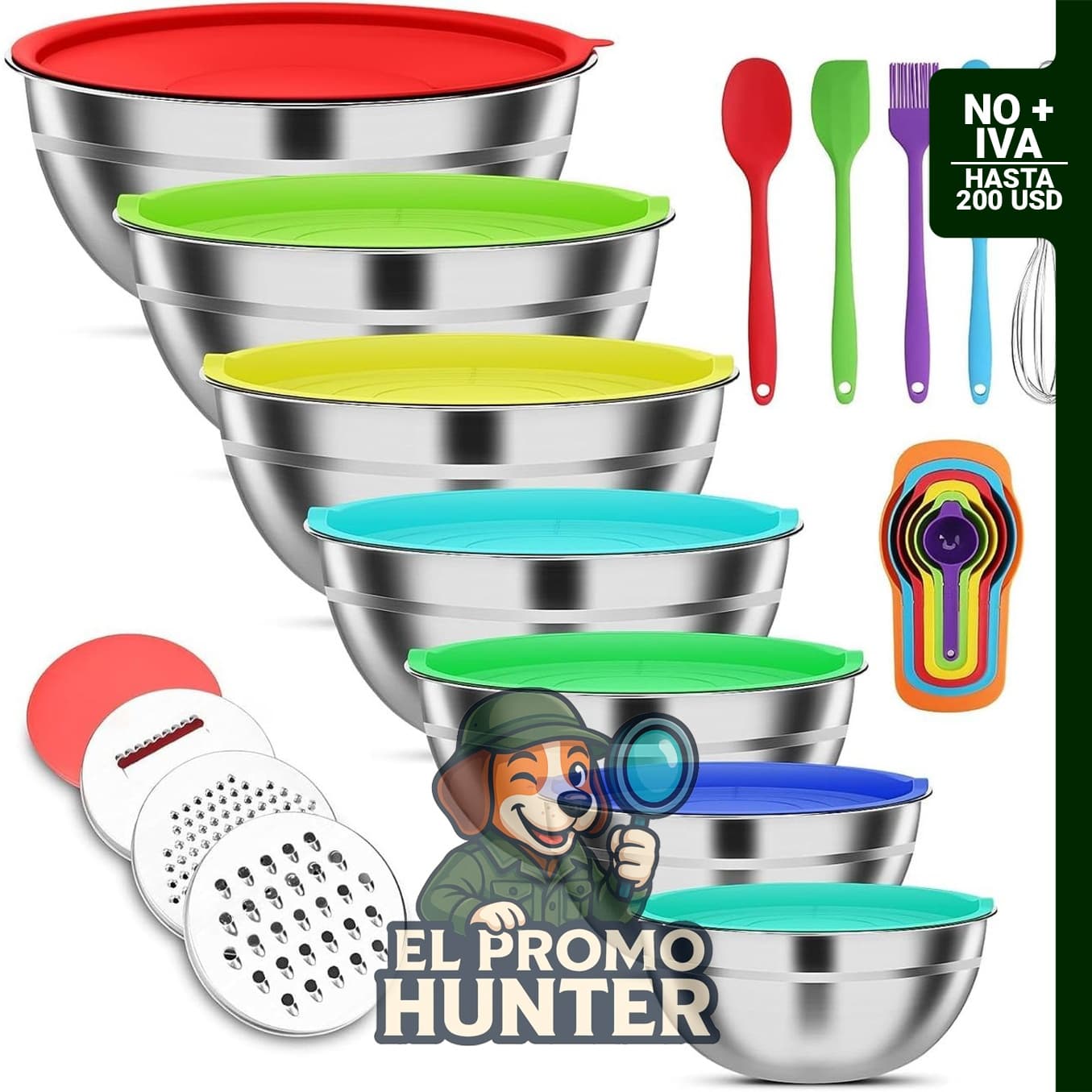 Juego de cuencos de acero inoxidable con tapas, 7 cuencos de 1.1 a 4.5 qt (1.0 a 4.3 L) y 3 accesorios de rallador.